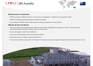 JBS Austrália


Relacionamentos e Investimentos

  A JBS tem programa de plantio de árvores com grupos da comunidade local e prefeitura para conservação da flora.

  Assistência a programas de desenvolvimento sustentável da indústria.

  Aproximadamente US$4,8m estão orçados neste ano fiscal para investimentos em meio ambiente.

Utilização dos Recursos Naturais

  Consumo de água é monitorado diariamente. Metas de consumo estão estabelecidas em programa estruturado. Conscientização dos
  colaboradores também faz parte do programa do uso correto da água.

  Consumo de energia é monitorado semanalmente.

  Consumo de Combustível (gás e óleo) é monitorado diariamente.

  Combustível (carvão e serragem) é monitorado diariamente.

  O consumo de cascalho na operação do confinamento é monitorado como parte do programa de gerenciamento da conservação dos currais.




                                                                                                                                       30
 
