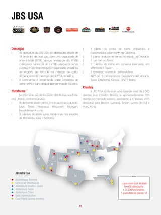 JBs usa


descrição                                                                       :          1 planta de cortes de carne embalados e
:      As operações da JBS USA são distribuídas através de                                 customizados case-ready, na Califórnia;
       18 unidades de produção, com uma capacidade de                           :          1 planta de abate de ovinos, no estado do Colorado;
       abate total de 28.100 cabeças bovinas por dia, 47.900                    :          1 curtume, no Texas;
       cabeças de suínos por dia e 4.000 cabeças de ovinos                      :          2 plantas de carne em conserva beef jerky, em
       por dia e 11 confinamentos com capacidade simultânea                                Minnesota e Texas;
       de engorda de 820.000 mil cabeças de gado.                               :          2 graxarias, no estado da Pensilvânia;
       A operação conta com mais de 24.200 funcionários;                                   Além de 11 confinamentos nos estados de Colorado,
:      A Companhia é reconhecida como provedora de                                         Texas, Oklahoma, Kansas, Ohio e Idaho.
       carne bovina e suína de qualidade por mais de 150 anos.
                                                                                clientes
plataforma                                                                             A JBS USA conta com uma base de mais de 3.900
      No momento, as plantas estão distribuídas nos Esta-                       clientes nos Estados Unidos e aproximadamente 500
dos Unidos, conforme abaixo:                                                    clientes no mercado externo, atendendo a 37 países, com
:     8 plantas de abate bovino, nos estados do Colorado,                       destaque para México, Canadá, Taiwan, Coreia do Sul e
      Utah, Texas, Nebrasca, Wisconsin, Michigan,                               Hong Kong.
      Pensilvânia e Arizona;
:     3 plantas de abate suíno, localizadas nos estados
      de Minnesota, Iowa e Kentucky;




                                                                 MN
                                                                              MN
                                                                              WL
                                                                                         WL                CT
                                                                      IA
                                                      NE                                                  NJ        CT
                                                                                    IL
                                                                                    IA
                                  UT                            NE                                                 NJ
                     CA                     CO                                           KY IL
                                 AZ    UT        CO
                       CA                                                                        KY
                                       AZ

                                                           TX
                                                                                                  FL
    JBS NOS EUA
                                                                     TX
    Abatedouros Bovinos                                                                                  FL
    JBS NOS EUA
    Centros de Distribuição                                                                                          : capacidade total de abate:
    Abatedouro Bovino e Suíno                                                                                            80.000 cabeças/dia.
    Abatedouros Bovinos
    Abatedouro Suíno                                                                                                    : 24.200 funcionários.
    Centros de Ovino
    Abatedouro Distribuição                                                                                           : quantidade de plantas:18
    Abatedouro Bovino e Suíno
    Sede Administrativa
    Abatedouro(pratos prontos)
    Case Ready Suíno
    Abatedouro Ovino
    Sede Administrativa                                                    . 11 .
    Case Ready (pratos prontos)
 