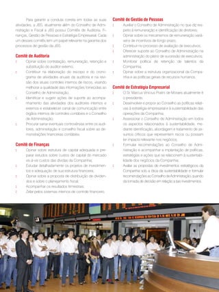 Para garantir a conduta correta em todas as suas        comitê de gestão de pessoas
atividades, a JBS, atualmente além do Conselho de Admi-        :    Auxiliar o Conselho de Administração no que diz res-
nistração e Fiscal a JBS possui Comitês de Auditoria, Fi-           peito à remuneração e identificação de diretores;
nanças, Gestão de Pessoas e Estratégia Empresarial. Cada       :    Opinar sobre os mecanismos de remuneração variá-
um desses comitês tem um papel relevante na garantia dos            vel e de incentivos de longo prazo;
processos de gestão da JBS.                                    :    Contribuir no processo de avaliação de executivos;
                                                               :    Oferecer suporte ao Conselho de Administração na
comitê de auditoria                                                 administração do plano de sucessão de executivos;
:     Opinar sobre contratação, remuneração, retenção e        :    Monitorar política de retenção de talentos da
      substituição do auditor externo;                              Companhia;
:     Contribuir na elaboração do escopo e do crono-           :    Opinar sobre a estrutura organizacional da Compa-
      grama de atividades anuais da auditoria e na revi-            nhia e as políticas gerais de recursos humanos.
      são dos atuais controles internos de riscos, visando
      melhorar a qualidade das informações fornecidas ao       comitê de estratégia empresarial
      Conselho de Administração;                               :    O Sr. Marcus Vinicius Pratini de Moraes atualmente é
:     Identificar e sugerir ações de suporte ao acompa-             o presidente;
      nhamento das atividades dos auditores internos e         :    Desenvolver e propor ao Conselho as políticas relati-
      externos e estabelecer canal de comunicação entre             vas à estratégia empresarial e à sustentabilidade das
      órgãos internos de controles contábeis e o Conselho           operações da Companhia;
      de Administração;                                        :    Assessorar o Conselho de Administração em todos
:     Procurar sanar eventuais controvérsias entre os audi-         os aspectos relacionados à sustentabilidade, me-
      tores, administração e conselho fiscal sobre as de-           diante identificação, abordagem e tratamento de as-
      monstrações financeiras contábeis.                            suntos críticos que representem riscos ou possam
                                                                    ter impacto relevante nos negócios;
comitê de finanças                                             :    Formular recomendações ao Conselho de Admi-
:     Opinar sobre estrutura de capital adequada e pre-             nistração e acompanhar a implantação de políticas,
      parar estudos sobre custos de capital do mercado              estratégias e ações que se relacionem à sustentabi-
      vis-à-vis custos das dívidas da Companhia;                    lidade dos negócios da Companhia;
:     Estudar detalhadamente os projetos de investimen-        :    Avaliar as propostas de investimentos estratégicos da
      tos e adequação de sua estrutura financeira;                  Companhia sob a ótica da sustentabilidade e formular
:     Opinar sobre a proposta de distribuição de dividen-           recomendações ao Conselho de Administração, quando
      dos e sobre o planejamento fiscal;                            da tomada de decisão em relação a tais investimentos.
:     Acompanhar os resultados trimestrais;
:     Zelar pelos sistemas internos de controle financeiro.




                                                          . 33 .
 