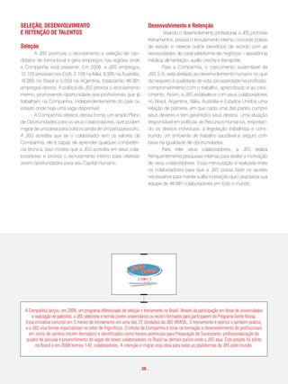 seleção, desenvolvimento                                                  desenvolvimento e Retenção
e Retenção de talentos                                                            Visando o desenvolvimento profissional, a JBS promove
                                                                          treinamentos, prioriza o recrutamento interno, concede bolsas
seleção                                                                   de estudo e oferece outros benefícios de acordo com as
       A JBS promove o recrutamento e seleção de can-                     necessidades de cada plataforma de negócios – assistência
didatos de forma local e gera empregos nas regiões onde                   médica, alimentação, auxílio creche e transporte.
a Companhia está presente. Em 2008, a JBS empregou                               Para a Companhia, o crescimento sustentável da
12.103 pessoas nos EUA, 2.109 na Itália, 6.995 na Austrália,              JBS S.A. está atrelado ao desenvolvimento humano no que
16.993 no Brasil e 5.059 na Argentina, totalizando 48.991                 diz respeito à qualidade de vida, prosperidade na profissão,
empregos diretos. A política da JBS prioriza o recrutamento               comprometimento com o trabalho, aprendizado e ao cres-
interno, promovendo oportunidade aos profissionais que já                 cimento. Assim, a JBS estabelece com seus colaboradores
trabalham na Companhia, independentemente do país ou                      no Brasil, Argentina, Itália, Austrália e Estados Unidos uma
estado onde haja uma vaga disponível.                                     relação de parceria, em que cada uma das partes cumpre
       A Companhia oferece, dessa forma, um amplo Plano                   seus deveres e tem garantidos seus direitos. Uma atuação
de Oportunidades para os seus colaboradores, que podem                    responsável em políticas de Recursos Humanos, respeitan-
migrar de uma área para outra ou ainda de um país para outro.             do os direitos individuais, a legislação trabalhista e cons-
A JBS acredita que se o colaborador tem os valores da                     truindo um ambiente de trabalho saudável e seguro com
Companhia, ele é capaz de aprender qualquer competên-                     base na igualdade de oportunidades.
cia técnica. Isso mostra que a JBS acredita em seus cola-                        Para reter seus colaboradores, a JBS realiza
boradores e prioriza o recrutamento interno para oferecer                 frenquentemente pesquisas internas para avaliar a motivação
assim oportunidades para seu Capital Humano.                              de seus colaboradores. Essa mensuração é realizada entre
                                                                          os colaboradores para que a JBS possa fazer os ajustes
                                                                          necessários para manter a alta motivação que caracteriza sua
                                                                          equipe de 48.991 colaboradores em todo o mundo.




  A Companhia lançou, em 2008, um programa diferenciado de seleção e treinamento no Brasil. Através da participação em feiras de universidades
      e realização de palestras, a JBS seleciona e recruta jovens universitários ou recém-formados para participarem do Programa Gente Nossa.
  Essa iniciativa consiste em 3 meses de treinamento em uma das 22 Unidades da JBS BRASIL. O treinamento é teórico e também prático,
  e a JBS visa formar especialistas no setor de frigoríficos. O intuito da Companhia é focar na formação e desenvolvimento de profissionais
    em início de carreira (recém-formados) e identificados como futuros potenciais para Preparação de Sucessores; profissionalização do
  quadro de pessoal e preenchimento de vagas de novos colaboradores no Brasil ou demais países onde a JBS atua. Este projeto foi piloto
        no Brasil e em 2008 formou 140 colaboradores. A intenção é migrar esta ideia para todas as plataformas da JBS pelo mundo.



                                                                     . 58 .
 