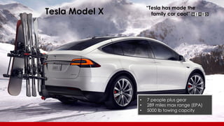 Tesla Model X
• 7 people plus gear
• 289 miles max range (EPA)
• 5000 lb towing capcity
“Tesla has made the
family car cool”
 