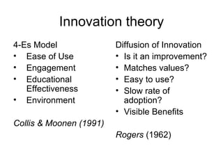 Innovation theory 4-Es Model Ease of Use Engagement Educational Effectiveness Environment Collis & Moonen (1991) Diffusion of Innovation Is it an improvement? Matches values? Easy to use? Slow rate of adoption? Visible Benefits Rogers  (1962) 