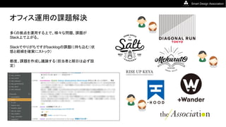 Smart Design Association
オフィス運用の課題解決
多くの拠点を運用する上で、様々な問題、課題が
Slack上で上がる。
Slackでやりがちですがbacklogの課題に持ち込む（状
態と経緯を確実にストック）
都度、課題を作成し議論する（担当者と期日は必ず設
定）
 