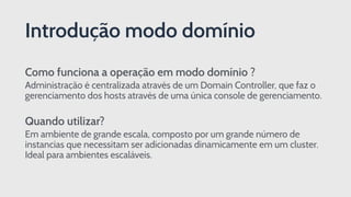Como funciona a operação em modo domínio ?
Administração é centralizada através de um Domain Controller, que faz o
gerenciamento dos hosts através de uma única console de gerenciamento.
Quando utilizar?
Em ambiente de grande escala, composto por um grande número de
instancias que necessitam ser adicionadas dinamicamente em um cluster.
Ideal para ambientes escaláveis.
Introdução modo domínio
 