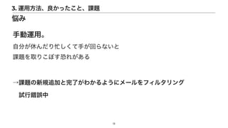 手動運用。
 
自分が休んだり忙しくて手が回らないと
 
課題を取りこぼす恐れがある
13
3. 運用方法、良かったこと、課題
悩み
→課題の新規追加と完了がわかるようにメールをフィルタリング


 試行錯誤中
 