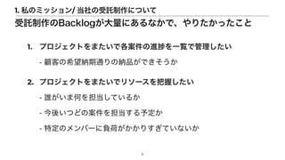 1. プロジェクトをまたいで各案件の進 を一覧で管理したい
 
- 顧客の希望納期通りの納品ができそうか


2. プロジェクトをまたいでリソースを把握したい
 
- 誰がいま何を担当しているか
 
- 今後いつどの案件を担当する予定か
 
- 特定のメンバーに負荷がかかりすぎていないか
7
1. 私のミッション/ 当社の受託制作について
受託制作のBacklogが大量にあるなかで、やりたかったこと
 