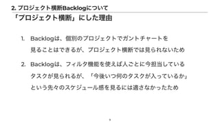 1. Backlogは、個別のプロジェクトでガントチャートを
 
見ることはできるが、プロジェクト横断では見られないため


2. Backlogは、フィルタ機能を使えば人ごとに今担当している
 
タスクが見られるが、「今後いつ何のタスクが入っているか」
 
という先々のスケジュール感を見るには適さなかったため
9
2. プロジェクト横断Backlogについて
「プロジェクト横断」にした理由
 