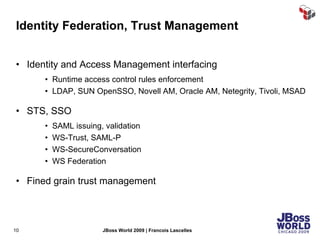 Identity Federation, Trust Management Identity and Access Management interfacing Runtime access control rules enforcement LDAP, SUN OpenSSO, Novell AM, Oracle AM, Netegrity, Tivoli, MSAD STS, SSO SAML issuing, validation WS-Trust, SAML-P WS-SecureConversation WS Federation Fined grain trust management 