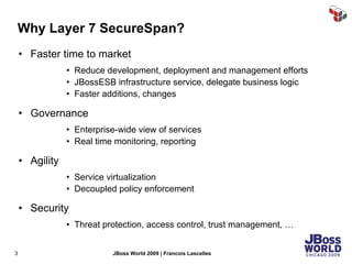 Why Layer 7 SecureSpan? Faster time to market Reduce development, deployment and management efforts JBossESB infrastructure service, delegate business logic Faster additions, changes Governance Enterprise-wide view of services Real time monitoring, reporting Agility Service virtualization Decoupled policy enforcement Security Threat protection, access control, trust management, … 