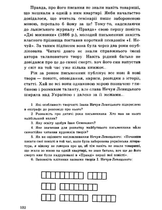 Правда, про його писання не знали навіть товариші,
що мешкали в одній з ним квартирі, Якби начальство
довідалося, що вчитель семінарії пише забороненою
мовою, перепало б йому за це! Тому-то, надсилаючи
до львівського журналу «Правда» свою першу повість
«Дві московки» (1866 р,), молодий письменник замість
власного прізвища поставив короткий псевдонім «І. Не-
чуй>к За таким підписом вона була через два роки опуб­
лікована; Читачі довго не знали справжнього імені
автора талановитого твору Навіть рідний батько не
довідався про це до самої смерті, хоч його син випустив
у світ на той час уже кілька книжок=.
Рік за роком письменник публікує все нові й нові
твори — повісті, оповідання, нариси, розвідки з історії,
статті Хай не всі вони однаковою мірою позначені гли­
биною і розмахом таланту, але слава Нечуя Левицького
ширяла над Україною і далеко за її межами^
1 Які особливості творчості Івана Нечуя-Левицького підкреслені
в епіграфі до розповіді про нього?
2 Розкажіть про дитячі роки письменника Хто мав на нього
найбільший вплив?
3„ Яку освіту здобув Іваи Семенович?
4 Яке значення для розвитку майбутнього письменника мкло
самостійне читання художніх творів?
5 Як ви оцінюєте висловлювання Нечуя-Левицького: «Почавши
писати свої повісті в той час, коли була заборонена українська літера­
тура, я нікому не говорив про це, об тім навіть не знали товариші,
що жили зо мною на одній квартирі, не знав батько, хоч ще до його
смерті вже були надруковані в «Правді» перші мої повісті
6, Заповніть клітинки назвами творів І. Нечуя-Левицького;
132
 