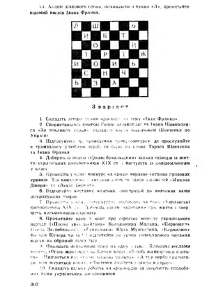 Іо. Ходом шахового слона, починаючи з букви «Л», прочитайте
відомий вислів Івана Франка.
З в а р і а н т
1, Складіть літер? утвии нрогвос- на ^ему «Іван Франком,
2 Скориставшись книгою Ганни Шовкопляс та Івана Шовкопля-
са «За покликом серця*, складиь п^ргу подорожей Шевченка по
Україні
3, Підготуйтесь де ироведечнн -грлк'>-чон^уреу, де прослухайте
в грамзапису улюблені вірші та из слова Тараса Шевченка
та Івана Франка
4, Доберіть із іоімги vЦікаві бувальщини» кілька епізодів із жит­
тя українських письменників XIX ст } виступіть із повідомленням
у класі,
5о Проведіть у клас' конкурс на краше виразне читання прозових
уривків Л яг* К О Н К у ОСft< *• •• ЧИЇ 9И і«Я 5 ’>6ер г ї- -)1ІЙСИ з повістей «Микола
Джеря* та «Захзг Ьерї'.ут,->,
6, II]дготуйте виставку власних .люстрацій до вивчених вами
літературних творів
7 Приведіть у 'і*терагур^•, зікторі-шч чо те;»'1, крашські
їіисьме7інчтаі Чї'Х с-і , • Гї-/беріть цікав* запитання про життя і твор­
чість письмекників-клаеиків,
8. Прочитайте одну з кки;~ /тре героїчне минуле українського
нар'оду («Посол урус шайтана» Володимира Малика, <Первоміст»
Гїаьяа 3 аг р е б е л ь . « Г ^ й а & м а к и » Юрія Мушкетика» ■«Картелюй»
Bcu'i-ля Кучера чи ш і підготуйте до уроку поза клас ного читання
відї ук на обраний з&лгш твіїї
У. Напишіть хіей-шжний етйіл на одну -« тем; Хлюпоче веслами
весна*, «Осінь жовтоноса на баскім «F* яебі жайворонки в’ють-
гя* fПишається над •недлю червона кал ина », <А тии верби схилили­
ся мов журяться боки*. ^Гї.астазки гніздечь звили в стр;сі».
10 Складіть кільку ребусів чи кросвордів за творчістю уподоба­
них вами українських письменників
302
 