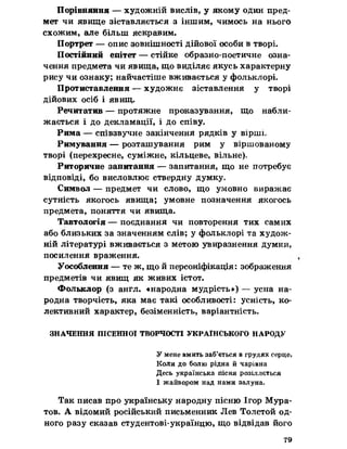Порівняння — художній вислів, у якому один пред­
мет чи явище зіставляється з іншим, чимось на нього
схожим, але більш яскравим.
Портрет — опис зовнішності дійової особи в творі.
Постійний епітет — стійке образно-поетичне озна­
чення предмета чи явища, що виділяє якусь характерну
рису чи ознаку; найчастіше вживається у фольклорі.
Протиставлення — художнє зіставлення у творі
дійових осіб і явищ.
Речитатив — протяжне проказування, що набли­
жається і до декламації, і до співу.
Рима — співзвучне закінчення рядків у вірші.
Римування — розташування рим у віршованому
творі (перехресне, суміжне, кільцеве, вільне)*
Риторичне запитання — запитання, що не потребує
відповіді, бо висловлює ствердну думку,
Символ — предмет чи слово, що умовно виражає
сутність якогось явища; умовне позначення якогось
предмета, поняття чи явища.
Тавтологія — поєднання чи повторення тих самих
або близьких за значенням слів; у фольклорі та худож­
ній літературі вживається з метою увиразнення думки,
посилення враження.
Уособлення — те ж, що й персоніфікація: зображення
предметів чи явищ як живих істот.
Фольклор (з англ. «народна мудрість») — усна на­
родна творчість, яка має такі особливості: усність, ко­
лективний характер, безіменність, варіантність.
ЗНАЧЕННЯ ПІСЕННОЇ ТВОРЧОСТІ УКРАЇНСЬКОГО НАРОДУ
У мене вмить заб’ється в грудях серце*
Коли до болю рідна й чарівна
Десь українська пісня розіллється
І жайвором над нами залуна.
Так писав про українську народну пісню Ігор Мура­
тов. А відомий російський письменник Лев Толстой од­
ного разу сказав студентові-українцю, що відвідав його
79
 