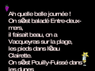 Ah quelle belle journée ! On s’est baladé Entre-deux-mers, il faisait beau, on a Vacqueyras sur la plage, les pieds dans l’eau Clairette. On s’est Pouilly-Fuissé dans les dunes  et comme le Mercurey montait sérieusement et qu’on commençait à avoir les Côtes-Rôties, on a décidé de rentrer. 