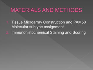 1. Tissue Microarray Construction and PAM50
Molecular subtype assignment
2. Immunohistochemical Staining and Scoring
 