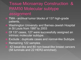  TMA - archival tumor blocks of 137 high-grade
patients,
 Washington University and Barnes-Jewish Hospital
in St Louis from 1997 to 2003
 Of 137 cases, 127 were successfully assigned an
intrinsic molecular subtype.
 Exclude : duplicate cases and normal-like Subtype.
 Remaining 122 samples
 42 basal-like and 80 non-basal-like breast cancers
(58 luminals and 22 HER2-enriched).
 
