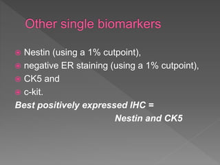  Nestin (using a 1% cutpoint),
 negative ER staining (using a 1% cutpoint),
 CK5 and
 c-kit.
Best positively expressed IHC =
Nestin and CK5
 