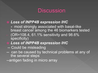 Loss of INPP4B expression IHC
- most strongly associated with basal-like
breast cancer among the 46 biomarkers tested
- (OR=108.4, 61.1% sensitivity and 98.6%
specificity)
 Loss of INPP4B expression IHC
-- Could be misleading
-- can be caused by technical problems at any of
the several steps
--antigen fading in micro array
 