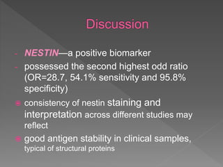 - NESTIN—a positive biomarker
- possessed the second highest odd ratio
(OR=28.7, 54.1% sensitivity and 95.8%
specificity)
 consistency of nestin staining and
interpretation across different studies may
reflect
 good antigen stability in clinical samples,
typical of structural proteins
 