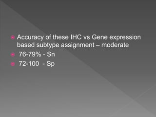 Accuracy of these IHC vs Gene expression
based subtype assignment – moderate
 76-79% - Sn
 72-100 - Sp
 