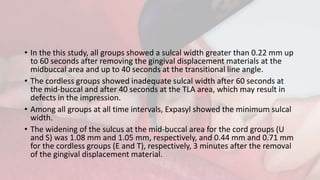 • In the this study, all groups showed a sulcal width greater than 0.22 mm up
to 60 seconds after removing the gingival displacement materials at the
midbuccal area and up to 40 seconds at the transitional line angle.
• The cordless groups showed inadequate sulcal width after 60 seconds at
the mid-buccal and after 40 seconds at the TLA area, which may result in
defects in the impression.
• Among all groups at all time intervals, Expasyl showed the minimum sulcal
width.
• The widening of the sulcus at the mid-buccal area for the cord groups (U
and S) was 1.08 mm and 1.05 mm, respectively, and 0.44 mm and 0.71 mm
for the cordless groups (E and T), respectively, 3 minutes after the removal
of the gingival displacement material.
 