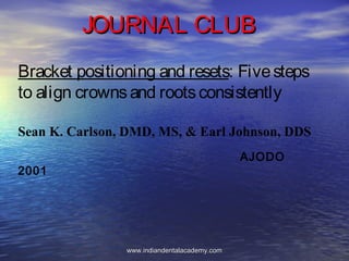 Bracket positioning and resets: Fivesteps
to align crownsand rootsconsistently
Sean K. Carlson, DMD, MS, & Earl Johnson, DDS
AJODO
2001
JOURNAL CLUBJOURNAL CLUB
www.indiandentalacademy.comwww.indiandentalacademy.com
 