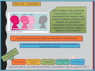 1. Self-assessment,
2. Whole mouth
breath test,
3. Spoon test,
4. Dental floss odor
test,
5. Saliva odor test.
Direct tests - Organoleptic
Direct sniffing of the expired air
(“organoleptic” and “hedonic”
assessment) is the simplest, most
common method to evaluate oral
malodor. An organoleptic
examination involves the dentist
assessing the odor at a range of
distances from the patient
Organoleptic measurement is highly recommended for initial diagnosis.
One potential risk of the organoleptic measurement is the transmission of
diseases via the expelled air
Marawar PP, Sodhi NA, Pawar BR, Mani AM. Halitosis: A silent affliction!. Chron Young Sci 2012;3:251-7.
 