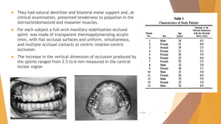  They had natural dentition and bilateral molar support and, at
clinical examination, presented tenderness to palpation in the
sternocleidomastoid and masseter muscles.
 For each subject a full-arch maxillary stabilization occlusal
splint was made of transparent thermopolymerizing acrylic
resin, with flat occlusal surfaces and uniform, simultaneous,
and multiple occlusal contacts at centric relation-centric
occlusion.
 The increase in the vertical dimension of occlusion produced by
the splints ranged from 2.5 to 6 mm measured in the central
incisor region
22-11-2020 48
 