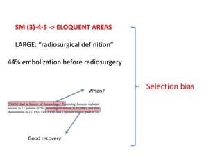 SM (3)-4-5 -> ELOQUENT AREAS

  LARGE: “radiosurgical definition”

44% embolization before radiosurgery


                          When?
                                       Selection bias




      Good recovery!
 