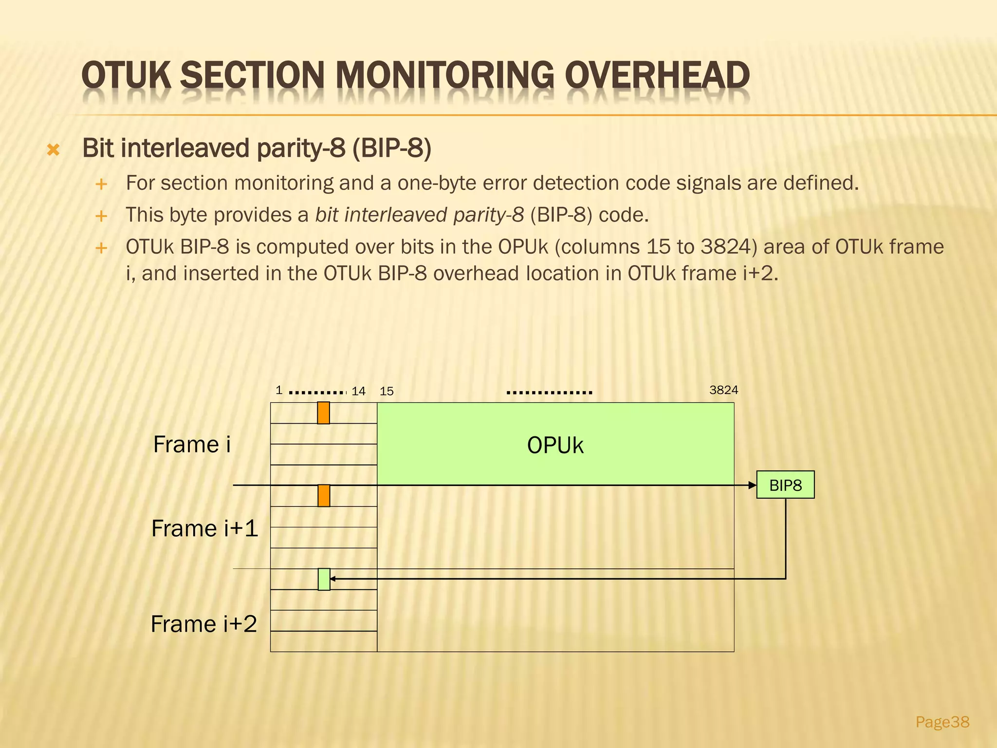 OTUK SECTION MONITORING OVERHEAD
 Bit interleaved parity-8 (BIP-8)
 For section monitoring and a one-byte error detection code signals are defined.
 This byte provides a bit interleaved parity-8 (BIP-8) code.
 OTUk BIP-8 is computed over bits in the OPUk (columns 15 to 3824) area of OTUk frame
i, and inserted in the OTUk BIP-8 overhead location in OTUk frame i+2.
Page38
BIP8
OPUk
1 14 15 3824
Frame i
Frame i+1
Frame i+2
 