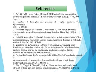 1. Zarb G, Hobkirk JA, Eckert SE, Jacob RF. Prosthodontic treatment for
edentulous patients. 13th ed. St. Louis: Mosby/Elsevier; 2013. p. 147-9, 299,
303-12.
2. Hayakawa I. Principles and practices of complete dentures. Tokyo:
Quintessence;
2001. p. 233-48.
3. Murata H, Taguchi N, Hamada T, Kawamura M, McCabe JF. Dynamic
viscoelasticity of soft liners and masticatory function. J Dent Res 2002;81:
123-8.
4. Palla ES, Karaoglani E, Naka O, Anastassiadou V. Soft denture liners’ effect
on the masticatory function in patients wearing complete dentures: a systematic
review. J Dent 2015;43:1403-10.
5. Kimoto S, So K, Yamamoto S, Ohno Y, Shinomiya M, Ogura K, et al.
Randomized controlled clinical trial for verifying the effect of silicone-based
resilient denture liner on the masticatory function of complete denture
wearers. Int J Prosthodont 2006;19:593-600.
6. Pereira IP, Consani RLX, Mesquita MF, Nóbilo MAA. Photoelastic analysis
of
stresses transmitted by complete dentures lined with hard or soft liners.
Mater Sci Engineering C 2015;55:181-6.
7. Kim BJ, Yang HS, Chun MG, Park YJ. Shore hardness and tensile bond
strength of long-term soft denture lining materials. J Prosthet Dent 2014;112:
1289-97.
References
34
 