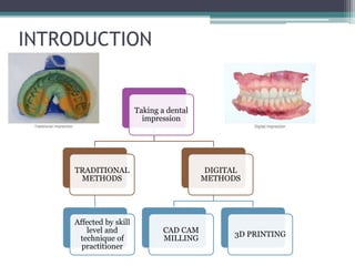 INTRODUCTION
Taking a dental
impression
TRADITIONAL
METHODS
Affected by skill
level and
technique of
practitioner
DIGITAL
METHODS
CAD CAM
MILLING
3D PRINTING
 