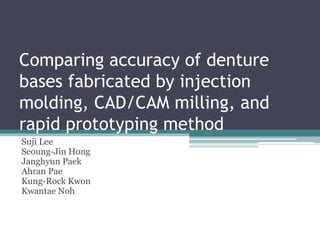 Comparing accuracy of denture
bases fabricated by injection
molding, CAD/CAM milling, and
rapid prototyping method
Suji Lee
Seoung-Jin Hong
Janghyun Paek
Ahran Pae
Kung-Rock Kwon
Kwantae Noh
 