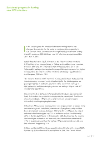 Sustained progress in halting
new HIV infections




               I
                  n the last ten years the landscape of national HIV epidemics has
                  changed dramatically, for the better in most countries, especially in
                  sub-Saharan Africa. Countries are making historic gains towards ending
                the AIDS epidemic: 700 000 fewer new HIV infections across the world in
                2011 than in 2001.

                Latest data show that a 50% reduction in the rate of new HIV infections
                (HIV incidence) has been achieved in 25 low- and middle-income countries
                between 2001 and 2011. More than half of these countries are in sub-
                Saharan Africa where the majority of the new HIV infections occur. In a further
                nine countries the rate of new HIV infections fell steeply—by at least one
                third between 2001 and 2011.

                The national declines in HIV incidence in populations shows that sustained
                investments and increased political leadership for the AIDS response are
                paying dividends. In particular, countries with a concurrent scale up of
                HIV prevention and treatment programmes are seeing a drop in new HIV
                infections to record lows.

                Prevention leads to behaviour change; treatment reduces a person’s viral
                load. Both reduce the potential for the virus to be transmitted. The historic
                slow-down indicates HIV prevention and treatment programmes are
                successfully reaching the people in need.

                In Southern Africa, where most countries have large numbers of people living
                with HIV or high HIV prevalence, the number of people acquiring HIV has
                been dramatically reduced. Between 2001 and 2011, in Malawi, the rate of
                new HIV infections dropped by 73%, in Botswana by 71%, in Namibia by
                68%, in Zambia by 58% and in Zimbabwe by 50%. South Africa, the country
                with the largest number of HIV infections, reduced new HIV infections by
                41%. In Swaziland, which has the highest HIV prevalence in the world, new
                HIV infections dropped by 37%.

                In West and Central Africa, Ghana was at the top of the list with a drop of 66%
                followed by Burkina Faso at 60% and Djibouti at 58%. The Central African


                                                                                                  Results   9
 