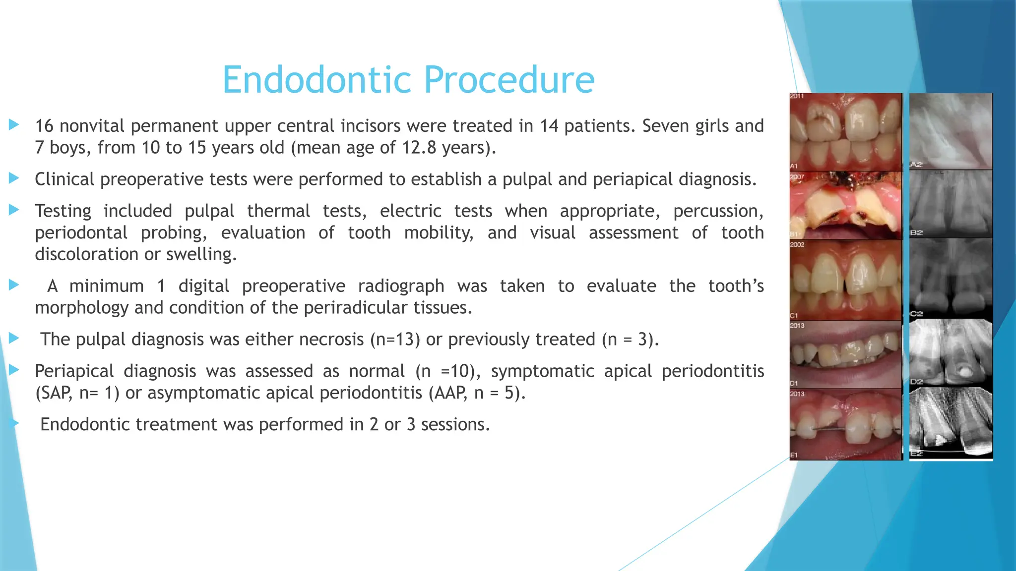 Endodontic Procedure
 16 nonvital permanent upper central incisors were treated in 14 patients. Seven girls and
7 boys, from 10 to 15 years old (mean age of 12.8 years).
 Clinical preoperative tests were performed to establish a pulpal and periapical diagnosis.
 Testing included pulpal thermal tests, electric tests when appropriate, percussion,
periodontal probing, evaluation of tooth mobility, and visual assessment of tooth
discoloration or swelling.
 A minimum 1 digital preoperative radiograph was taken to evaluate the tooth’s
morphology and condition of the periradicular tissues.
 The pulpal diagnosis was either necrosis (n=13) or previously treated (n = 3).
 Periapical diagnosis was assessed as normal (n =10), symptomatic apical periodontitis
(SAP, n= 1) or asymptomatic apical periodontitis (AAP
, n = 5).
 Endodontic treatment was performed in 2 or 3 sessions.
 