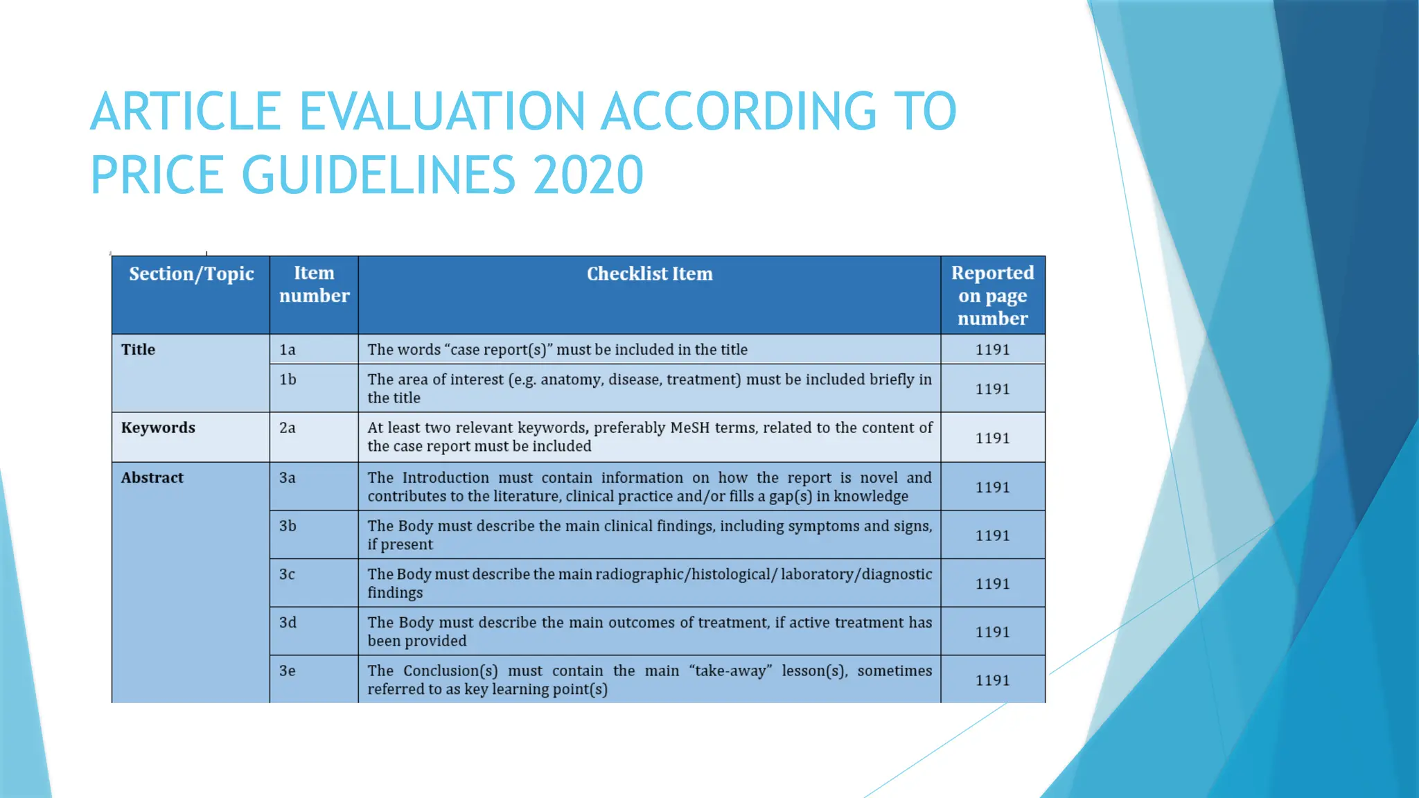 ARTICLE EVALUATION ACCORDING TO
PRICE GUIDELINES 2020
 