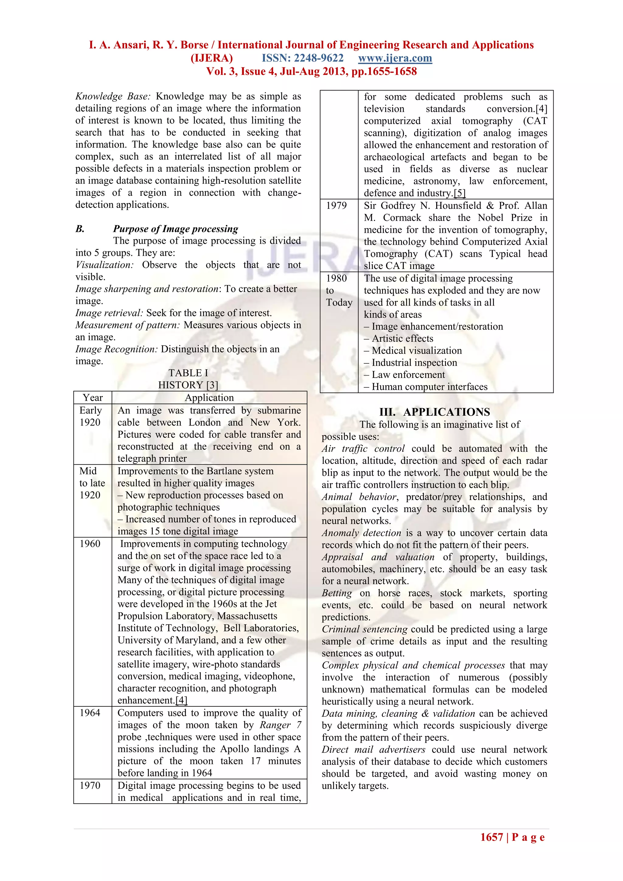 I. A. Ansari, R. Y. Borse / International Journal of Engineering Research and Applications
(IJERA) ISSN: 2248-9622 www.ijera.com
Vol. 3, Issue 4, Jul-Aug 2013, pp.1655-1658
1657 | P a g e
Knowledge Base: Knowledge may be as simple as
detailing regions of an image where the information
of interest is known to be located, thus limiting the
search that has to be conducted in seeking that
information. The knowledge base also can be quite
complex, such as an interrelated list of all major
possible defects in a materials inspection problem or
an image database containing high-resolution satellite
images of a region in connection with change-
detection applications.
B. Purpose of Image processing
The purpose of image processing is divided
into 5 groups. They are:
Visualization: Observe the objects that are not
visible.
Image sharpening and restoration: To create a better
image.
Image retrieval: Seek for the image of interest.
Measurement of pattern: Measures various objects in
an image.
Image Recognition: Distinguish the objects in an
image.
TABLE I
HISTORY [3]
Year Application
Early
1920
An image was transferred by submarine
cable between London and New York.
Pictures were coded for cable transfer and
reconstructed at the receiving end on a
telegraph printer
Mid
to late
1920
Improvements to the Bartlane system
resulted in higher quality images
– New reproduction processes based on
photographic techniques
– Increased number of tones in reproduced
images 15 tone digital image
1960 Improvements in computing technology
and the on set of the space race led to a
surge of work in digital image processing
Many of the techniques of digital image
processing, or digital picture processing
were developed in the 1960s at the Jet
Propulsion Laboratory, Massachusetts
Institute of Technology, Bell Laboratories,
University of Maryland, and a few other
research facilities, with application to
satellite imagery, wire-photo standards
conversion, medical imaging, videophone,
character recognition, and photograph
enhancement.[4]
1964 Computers used to improve the quality of
images of the moon taken by Ranger 7
probe ,techniques were used in other space
missions including the Apollo landings A
picture of the moon taken 17 minutes
before landing in 1964
1970 Digital image processing begins to be used
in medical applications and in real time,
for some dedicated problems such as
television standards conversion.[4]
computerized axial tomography (CAT
scanning), digitization of analog images
allowed the enhancement and restoration of
archaeological artefacts and began to be
used in fields as diverse as nuclear
medicine, astronomy, law enforcement,
defence and industry.[5]
1979 Sir Godfrey N. Hounsfield & Prof. Allan
M. Cormack share the Nobel Prize in
medicine for the invention of tomography,
the technology behind Computerized Axial
Tomography (CAT) scans Typical head
slice CAT image
1980
to
Today
The use of digital image processing
techniques has exploded and they are now
used for all kinds of tasks in all
kinds of areas
– Image enhancement/restoration
– Artistic effects
– Medical visualization
– Industrial inspection
– Law enforcement
– Human computer interfaces
III. APPLICATIONS
The following is an imaginative list of
possible uses:
Air traffic control could be automated with the
location, altitude, direction and speed of each radar
blip as input to the network. The output would be the
air traffic controllers instruction to each blip.
Animal behavior, predator/prey relationships, and
population cycles may be suitable for analysis by
neural networks.
Anomaly detection is a way to uncover certain data
records which do not fit the pattern of their peers.
Appraisal and valuation of property, buildings,
automobiles, machinery, etc. should be an easy task
for a neural network.
Betting on horse races, stock markets, sporting
events, etc. could be based on neural network
predictions.
Criminal sentencing could be predicted using a large
sample of crime details as input and the resulting
sentences as output.
Complex physical and chemical processes that may
involve the interaction of numerous (possibly
unknown) mathematical formulas can be modeled
heuristically using a neural network.
Data mining, cleaning & validation can be achieved
by determining which records suspiciously diverge
from the pattern of their peers.
Direct mail advertisers could use neural network
analysis of their database to decide which customers
should be targeted, and avoid wasting money on
unlikely targets.
 