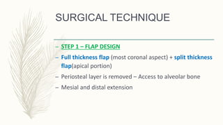 SURGICAL TECHNIQUE
– STEP 1 – FLAP DESIGN
– Full thickness flap (most coronal aspect) + split thickness
flap(apical portion)
– Periosteal layer is removed – Access to alveolar bone
– Mesial and distal extension
 