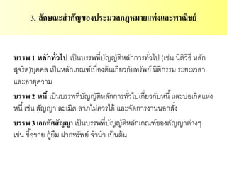 3. ลักษณะสาคัญของประมวลกฎหมายแพ่งและพาณิชย์
บรรพ 1 หลักทั่วไป เป็นบรรพที่บัญญัติหลักการทั่วไป (เช่น นิติวิธี หลัก
สุจริต)บุคคล เป็นหลักเกณฑ์เบื่องต้นเกี่ยวกับทรัพย์ นิติกรรม ระยะเวลา
และอายุความ
บรรพ 2 หนี้ เป็นบรรพที่บัญญัติหลักการทั่วไปเกี่ยวกับหนี้และบ่อเกิดแห่ง
หนี้เช่น สัญญา ละเมิด ลาภไม่ควรได้ และจัดการงานนอกสั่ง
บรรพ 3 เอกทัศสัญญา เป็นบรรพที่บัญญัติหลักเกณฑ์ของสัญญาต่างๆ
เช่น ซื้อขาย กู้ยืม ฝากทรัพย์ จานา เป็นต้น
 