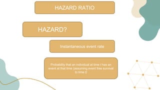 HAZARD RATIO
HAZARD?
Instantaneous event rate
Probability that an individual at time t has an
event at that time (assuming event free survival
to time t)
 