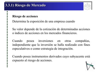 3.3.1) Riesgo de Mercado
Riesgo de acciones
Determina la exposición de una empresa cuando
Su valor depende de la cotización de determinadas acciones
o índices de acciones en los mercados financieros.
Cuando posea inversiones en otras compañías,
independiente que la inversión se halla realizado con fines
especulativos o como estrategia de integración.
Cuando posea instrumentos derivados cuyo subyacente está
expuesto al riesgo de acciones.
 