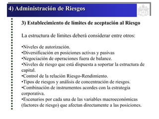 4) Administración de Riesgos
3) Establecimiento de límites de aceptación al Riesgo
La estructura de límites deberá considerar entre otros:
•Niveles de autorización.
•Diversificación en posiciones activas y pasivas
•Negociación de operaciones fuera de balance.
•Niveles de riesgo que está dispuesta a soportar la estructura de
capital.
•Control de la relación Riesgo-Rendimiento.
•Tipos de riesgos y análisis de concentración de riesgos.
•Combinación de instrumentos acordes con la estrategia
corporativa.
•Escenarios por cada una de las variables macroeconómicas
(factores de riesgo) que afectan directamente a las posiciones.
 