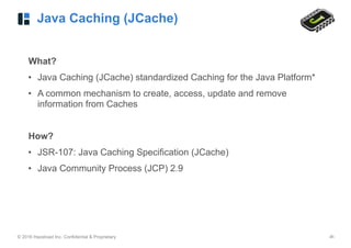 © 2016 Hazelcast Inc. Confidential & Proprietary ‹#›
Java Caching (JCache)
What?
• Java Caching (JCache) standardized Caching for the Java Platform*
• A common mechanism to create, access, update and remove
information from Caches
How?
• JSR-107: Java Caching Specification (JCache)
• Java Community Process (JCP) 2.9
 
