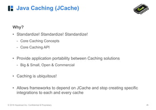 © 2016 Hazelcast Inc. Confidential & Proprietary ‹#›
Java Caching (JCache)
Why?
• Standardize! Standardize! Standardize!
- Core Caching Concepts
- Core Caching API 
• Provide application portability between Caching solutions
- Big & Small, Open & Commercial 
• Caching is ubiquitous! 
• Allows frameworks to depend on JCache and stop creating specific
integrations to each and every cache
 