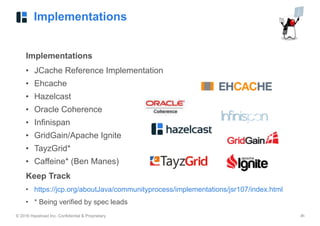 © 2016 Hazelcast Inc. Confidential & Proprietary ‹#›
Implementations
Implementations
• JCache Reference Implementation
• Ehcache
• Hazelcast
• Oracle Coherence
• Infinispan
• GridGain/Apache Ignite
• TayzGrid*
• Caffeine* (Ben Manes)
Keep Track
• https://jcp.org/aboutJava/communityprocess/implementations/jsr107/index.html
• * Being verified by spec leads
 