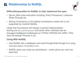 © 2016 Hazelcast Inc. Confidential & Proprietary ‹#›
Relationship to NoSQL
Difficult/Impossible for NoSQL to fully implement the spec
• Server Side code execution including: Entry Processors, Listeners,
Write-Through etc.
• Strong Consistency is the default consistency model and is not
supported by most/all NoSQL.
Likely that Couchbase will release a partial implementation  
leaving out EntryProcessor and some other methods with an
UnsupportedOperationException if these methods are called. They
have Developer Preview 2 out.
Using With NoSQL
• Use NoSQL like a database and read-through/write-though to it using
CacheLoader/CacheWriter.
• NoSQL gives you scale our persistence - cache gives you very low
latencies
 