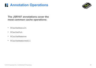 © 2016 Hazelcast Inc. Confidential & Proprietary ‹#›
Annotation Operations
The JSR107 annotations cover the
most common cache operations:
• @CacheResult
• @CachePut
• @CacheRemove
• @CacheRemoveAll
 