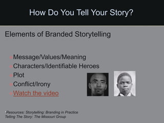 How Do You Tell Your Story?

Elements of Branded Storytelling


  Message/Values/Meaning
  Characters/Identifiable                       Heroes
  Plot
  Conflict/Irony
  Watch         the video

*Resources: Storytelling: Branding in Practice
Telling The Story: The Missouri Group
 