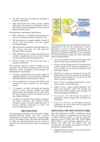 •

The OSG architecture will follow the principles of
symmetry and recursion.

•

OSG infrastructure must always include a phased
deployment, with the phase in production having a
clear operations model adequate to the provision of
production-quality service.

The following are representative Best Practices:
•

OSG architecture is VO-based, meaning that most
services are instantiated within the context of a VO.

•

The infrastructure will support multiple versions of
services and environments, and also support
incremental upgrades

•

OSG infrastructure should have minimal impact on a
Site. Services that must run with super-user
privileges will be minimized

•

OSG infrastructure will support development and
execution of applications in a local context, without
an active connection to the distributed services.

•

Services manage state and ensure their state is
accurate and consistent.

The technical approach includes building on our
experience with existing and emerging state of the art
distributed system technologies and prototypes, not
already present in simple Grids:
•

To build a scalable (Web-)services fabric capable of
supporting thousands of service-instances, integrated
with Grid middleware and VO-specific software.

•

To use a global view of resources (site facilities and
networks) to ensure consistent use and support
policies.

•

To support a real-time monitoring and tracking
system to ensure effective workflow and track
resource usage and scheduling: task by task, VO by
VO, and in real-time monitor the system state and
state-change information.

•

To define an architecture that supports complexity
and global scalability with moderate effort,
including: dynamic, automatic mutual discovery of
services, automatic notification of clients, and
services of subscribed “events”.

The technical groups liaise and collaborate with their peer
organizations in the U.S. and world-wide, as well as
participate in relevant standards organizations. The
Consortium governance is emerging, and will follow the
model of an experiment collaboration as far as possible.
The following technical groups have either started their
work or are being defined:
•

Security will propose the end-to-end security model
and oversee the security infrastructure for OSG.

•

Storage and Data Management will coordinate those
activities related to data storage & management, as
well as identify the user and VO requirements and
technology solutions.

•

Monitoring, Accounting & Information Services will
address issues such as how resources on the OSG are
advertised and accounted for, as well as how the
OSG as a system is monitored.

•

Policy Services, including authorization & access
policies of Sites, VOs and Resources.

•

Support Centers, which includes operations, will
define the operational model. This includes the
Virtual Data Toolkit support which provides the
basic Grid middleware distribution.

•

G o v e r n a n c e will work through the details of
participation, decision making, and oversight for the
Consortium.

•

Education will focus on developing education
technologies for use on OSG and on training and
other educational materials.

ORGANIZATION

DEPLOYING THE OPEN SCIENCE GRID

The organization framework of the Consortium includes
Technical Working Groups each with a general
responsibility for a technical area such as security, storage
services and support centers. The work and deliverables
for OSG are organized through Activities which are
sponsored and overseen by one or more of the technical
groups.

The initial deployment of OSG is planned for spring
2005. An extended mix of applications is expected to run
on OSG including analysis as well as simulation
applications from US LHC, D0, CDF, STAR, BaBar,
LIGO, SDSS as well as biology applications such as
BLAST [23], SnB [24], and GADU [25]. The
infrastructure will include an evolution of Grid3 in
several areas as outlined below:
•

Storage Elements and Services across at least the US
LHC Tier-1 and Tier-2 sites.

 