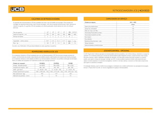 CAPACIDADES DE SERVIÇO
Modelo da máquina
Sistema de arrefecimento
Tanque de combustível
Óleo do motor com filtro
Transmissão Powershift com filtro
Transmissão Autoshift com filtro
Eixo traseiro
Eixo dianteiro
Redutores finais dos eixos - cada
Tanque hidráulico
Sistema hidráulico incluindo tanque
As caçambas das retroescavadeiras JCB são projetadas para todo o tipo de trabalho de escavação. Duas posições de
montagem da caçamba proporcionam maior força de escavação, corte reto na parede vertical da vala e maior retenção de
material na caçamba. As caçambas JCB são equipadas com dentes parafusados, dentes laterais de corte e de reforços
adicionais.
Tipo da caçamba
Largura da caçamba – mm
Número de dentes
Capacidade – metros cúbicos
Peso – kg
Consulte o seu Distribuidor JCB para disponibilidade de outras caçambas e acessórios.
JCB EASYCONTROL - OPCIONAL
O JCB “EasyControl” oferece operação da retroescavadeira de forma produtiva, com mínimo esforço, reduzindo o cansaço do
operador. Os comandos joystick para controle da retroescavadeira estão integrados ao banco, proporcionando maior espaço
livre para as pernas, melhor visibilidade e facilidade de operação. Um interruptor proporcional está montado no comando
joystick, para operar o braço de escavação “extradig“ da JCB. Circuitos auxiliares opcionais também estão disponíveis para
operar os vários acessórios. O controle da carregadeira, mecânico e de baixo esforço, incorpora um interruptor proporcional
para operar os acessórios montados.
A modulação hidráulica, que é a melhor da sua categoria, combinada com a melhor performance nas operações de escavação,
tornam o “EasyControl” da JCB, um recurso inigualável em qualquer retroescavadeira.
ROMPEDORES HIDRÁULICOS JCB
Os rompedores hidráulicos JCB são projetados para uso nas Retroescavadeiras JCB. Eles fornecem energia constante de
impacto, amortecimento de pressão, placas laterais para trabalho pesado e alta frequência de impacto para máxima produção.
Os rompedores hidráulicos JCB instalados de fábrica nas retroescavadeiras JCB fazem uma perfeita combinação de demolição.
Todos os modelos são equipados com isolamento acústico para operação silenciosa.
CAÇAMBAS DA RETROESCAVADEIRA
GP
405
3
0.10
107
GP
450
3
0.12
114
GP
600
4
0.17
136
HD
800
5
0.25
245
Modelo do rompedor
Energia - libras/pés (joules)
Frequência de impacto - bpm
Vazão - gpm (lpm)
Pressão operacional 0 psi (bar)
Peso operacional - (kg)
Diâmentro da pointeiro - (mm)
HM385Q
634 (859)
480 - 960
13 - 40 (50 - 150)
1450 - 2100 (100 - 145)
405
70
HM495Q
780 (1058)
390 - 780
13 - 27 (50 - 100)
1450 - 2175 (100 - 150)
419
95
HM380
981 (1330)
380 - 900
8 - 18 (30 - 70)
1740 - 2393 (120 - 165)
330
75
4CX - 4WS
Litros
19
160
15
16
16
16
16
2
83
132
RETROESCAVADEIRA JCB | 4CX ECO
GP
305
3
0.07
105
DITCH
1800
-
0.26
172
 