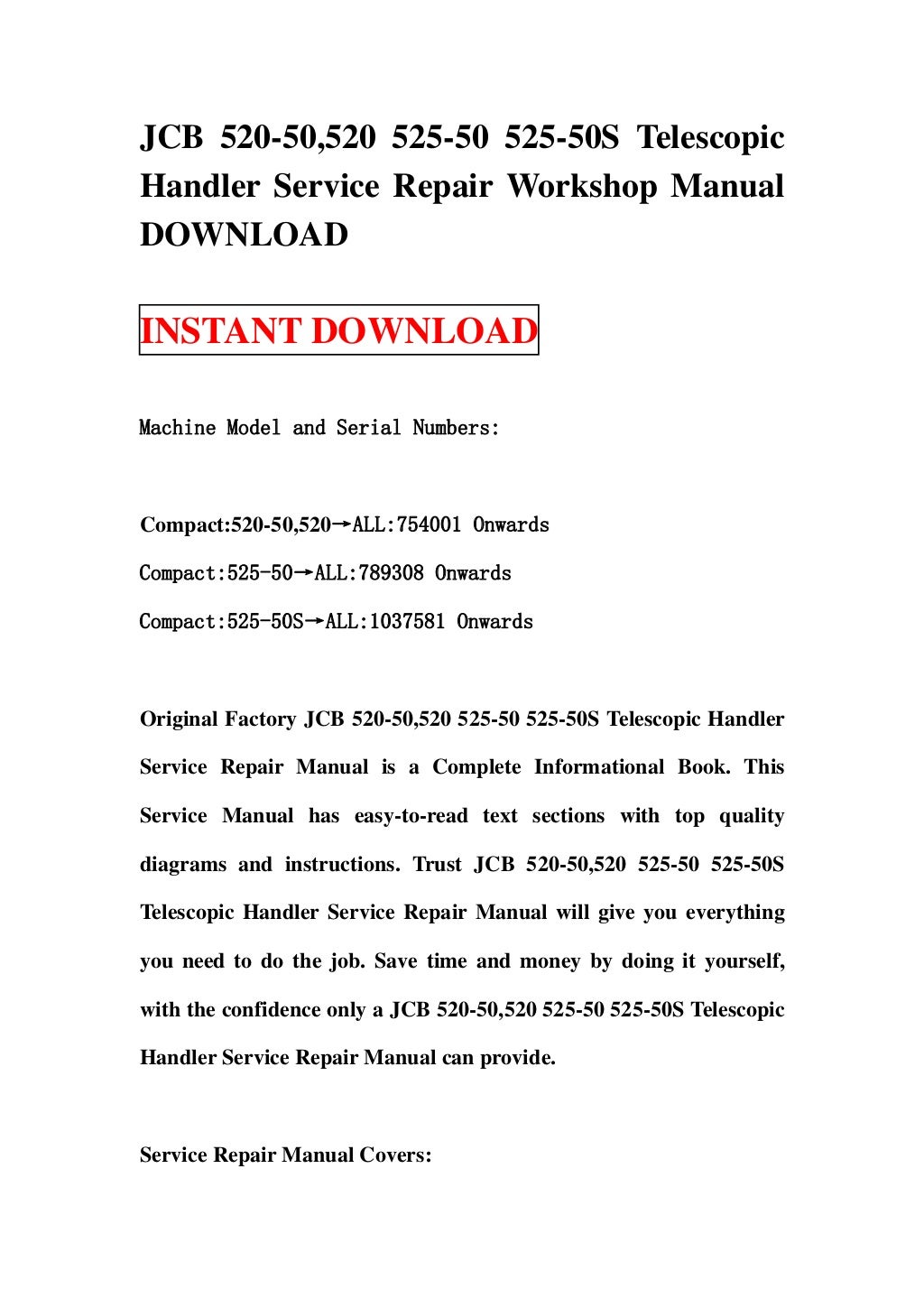 Jcb 520 50,520 525-50 525-50 s telescopic handler service repair work…